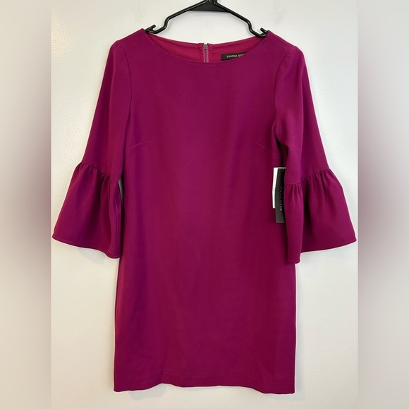NWT Cynthia Steffe Raspberry 'Cora" Trumpet Sleeve Crepe Shift Mini Dress Sz 0 - Picture 2 of 11